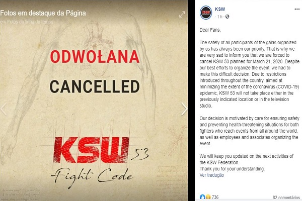 KSW cancela su próximo evento de MMA debido a la epidemia de coronavirus